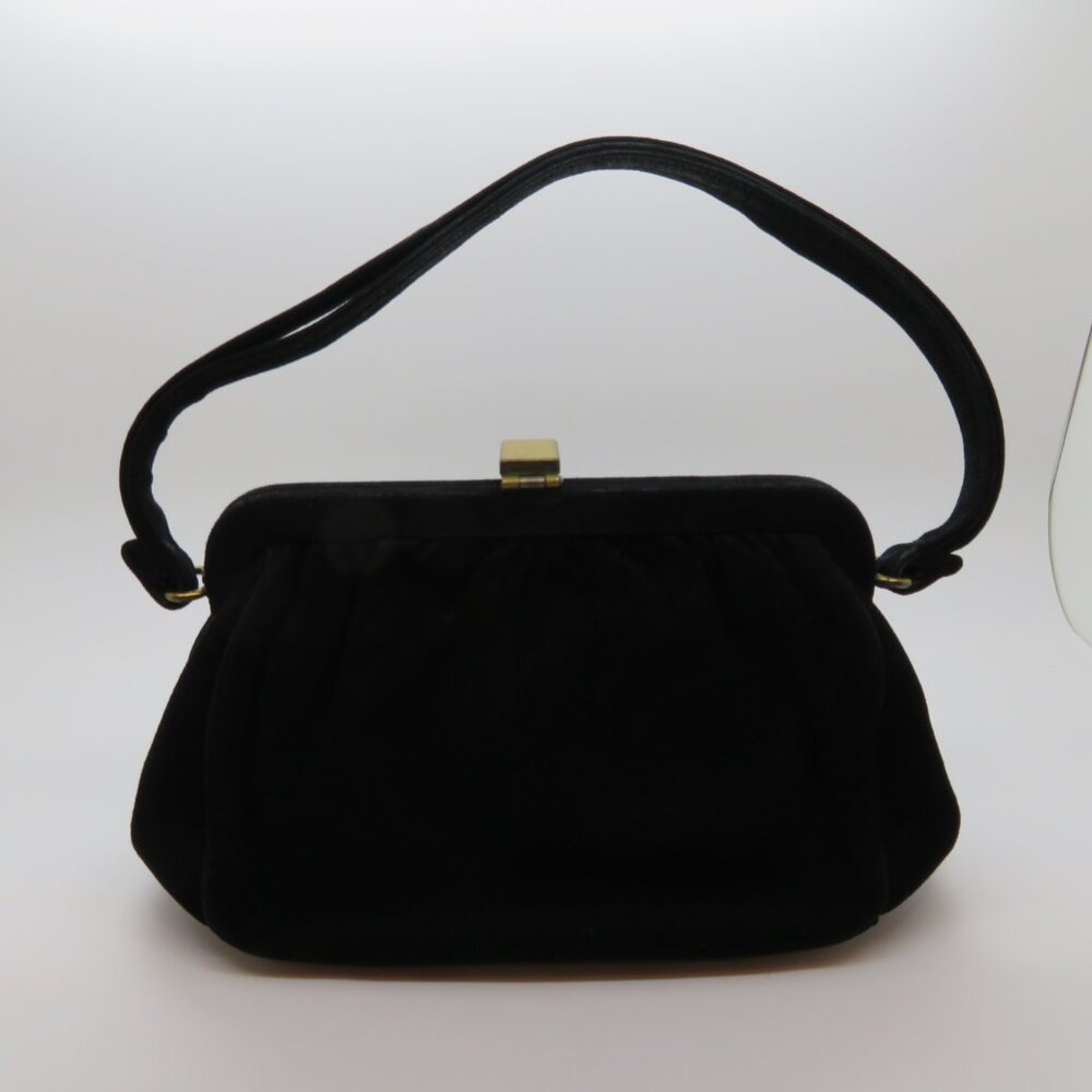 Vintage Black Suede Evening Bag Top Handle Purse Gold Clasp - Picture 4 of 12